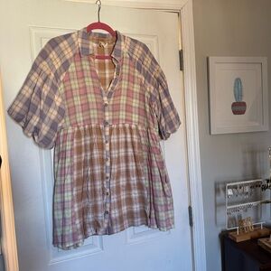 🚨LAST CHANCE Peach Love | Plaid Colorblock Button-Up Dress